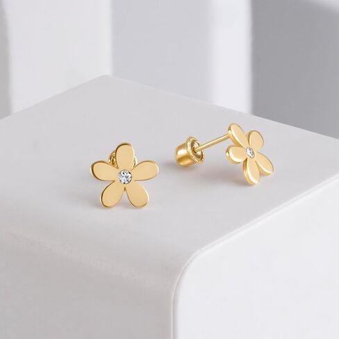 EVAYA 14K Yellow Gold Cubic Zirconia Flower Screw Back Stud Earrings for Women in Kuwait