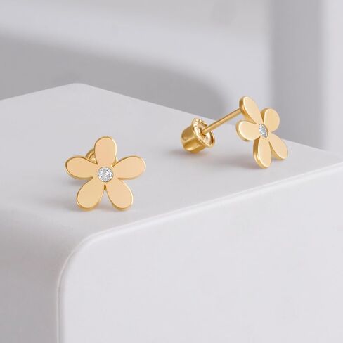 EVAYA 14K Yellow Gold Cubic Zirconia Flower Screw Back Stud Earrings for Women in Kuwait