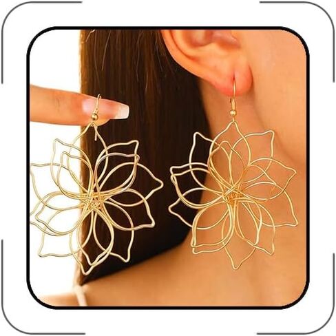 Large Flower Drop Earrings for Women, Boho Wire-Wrapped Geometric Openwork Petal Dangle Earrings, Hypoallergenic Lightweight Statement Jewelry for Party Wedding Daily Wear in Saudi Arabia