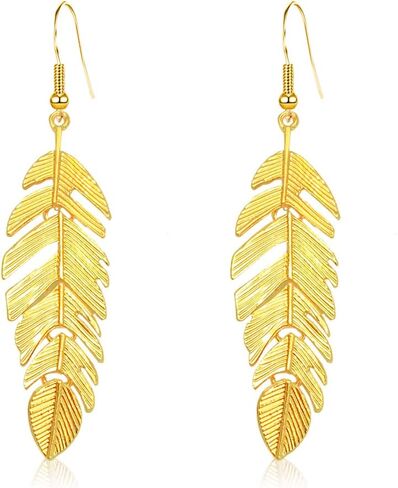 Bohemian Floating Feathers Dangle Earrings - Long Hanging Metal Link Leaf Drops for Women -Lightweight Layered Dangling Leaves Hook Earrings in Saudi Arabia