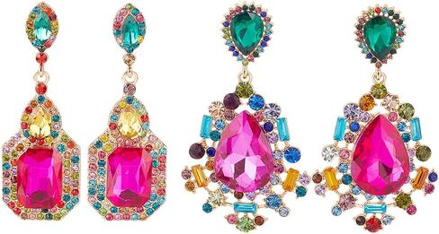 ANATTASOUL 2 Pairs Rhinestone Statement Drop Dangle Earrings Rectangle Teardrop Rhinestone Dangling Chandelier Earrings Pink Green Vintage Crystal Dangling Earrings Wedding Earrings for Women in Saudi Arabia
