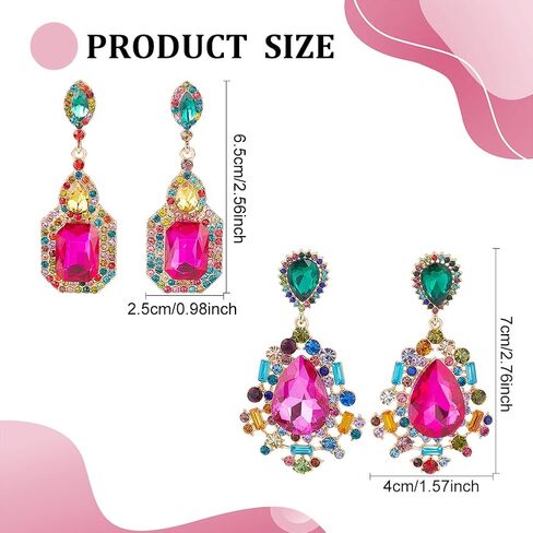 ANATTASOUL 2 Pairs Rhinestone Statement Drop Dangle Earrings Rectangle Teardrop Rhinestone Dangling Chandelier Earrings Pink Green Vintage Crystal Dangling Earrings Wedding Earrings for Women in Saudi Arabia