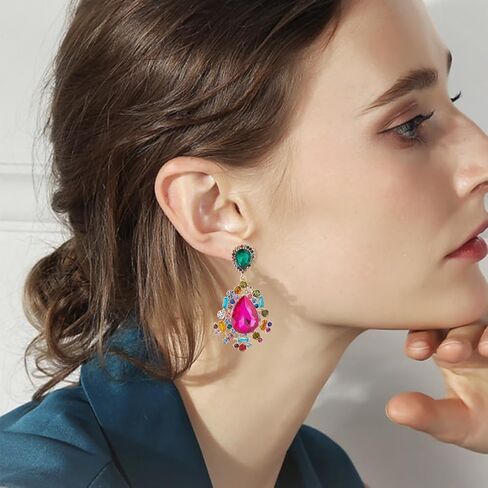 ANATTASOUL 2 Pairs Rhinestone Statement Drop Dangle Earrings Rectangle Teardrop Rhinestone Dangling Chandelier Earrings Pink Green Vintage Crystal Dangling Earrings Wedding Earrings for Women in Saudi Arabia