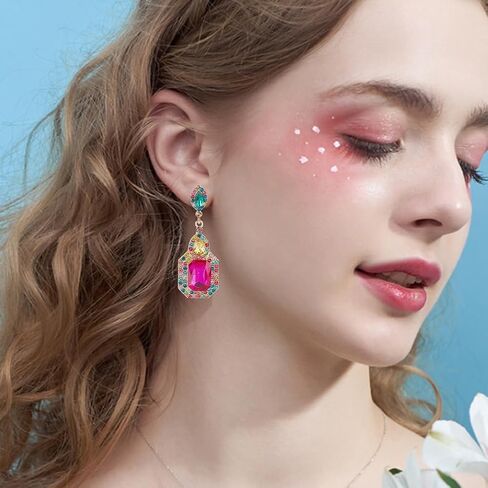ANATTASOUL 2 Pairs Rhinestone Statement Drop Dangle Earrings Rectangle Teardrop Rhinestone Dangling Chandelier Earrings Pink Green Vintage Crystal Dangling Earrings Wedding Earrings for Women in Saudi Arabia