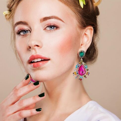 ANATTASOUL 2 Pairs Rhinestone Statement Drop Dangle Earrings Rectangle Teardrop Rhinestone Dangling Chandelier Earrings Pink Green Vintage Crystal Dangling Earrings Wedding Earrings for Women in Saudi Arabia