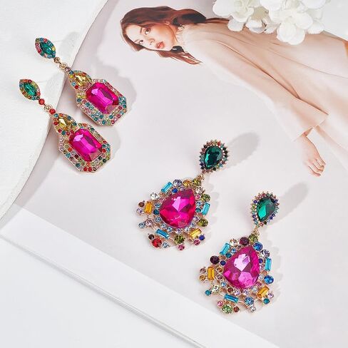 ANATTASOUL 2 Pairs Rhinestone Statement Drop Dangle Earrings Rectangle Teardrop Rhinestone Dangling Chandelier Earrings Pink Green Vintage Crystal Dangling Earrings Wedding Earrings for Women in Saudi Arabia