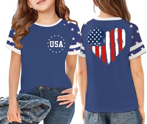 Girls 4th of July USA Patriotic T-Shirt American Flag Raglan Tee Independence Day Outfit for Kids 7-14 Years in Saudi Arabia