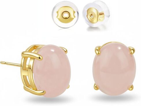 Pink Stud Earrings, Gold Plated Oval Natural Gemstone Rose Quartz Earrings for Women, Minimalist Natural Crystal Earrings Handmade Jewelry in Saudi Arabia