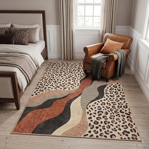 5x7 Area Rug for Living Room，Modern Abstract Boho Pink and Green Leopard Print Non-Slip Washable Bedroom,Dining Room in Saudi Arabia