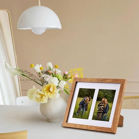 إطار صورة مجمعة، إطار صورة مزدوج 4x6 مع حصيرة، يناسب صورتين مقاس 8x10 أو صورتين مقاس 4x6، زجاج مقسى، للطاولة أو الحائط، بني من خشب الساج in Kuwait
