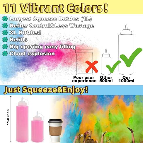 ARELUX Family Set Color Run Powder Squeeze Bottles, 12 Pack Holi Powder Bulk | 6 Large 34oz + 6 Small 17oz Prefilled Reusable Bottles, Easy-Grip for All Users, Color Wars Party Supplies, Total 13lbs in Saudi Arabia