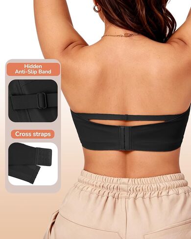 Strapless Bras for Women Jelly Supportive Bandeau Non Slip Wireless Push Up Padded Seamless Tube Top Everyday Bra 36B,36C.36D,36DD,34DDD,L,Black in Saudi Arabia