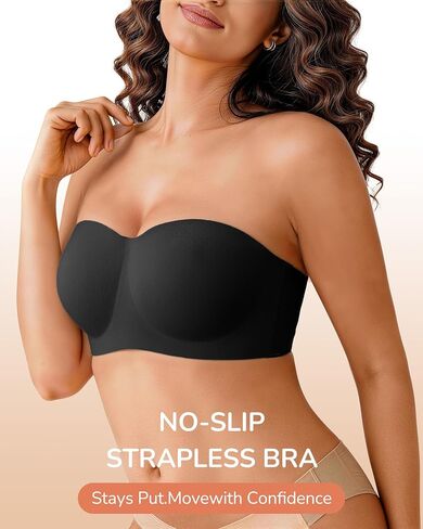 Strapless Bras for Women Jelly Supportive Bandeau Non Slip Wireless Push Up Padded Seamless Tube Top Everyday Bra 36B,36C.36D,36DD,34DDD,L,Black in Saudi Arabia