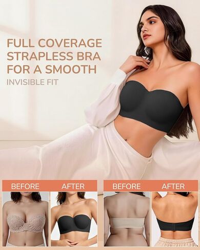 Strapless Bras for Women Jelly Supportive Bandeau Non Slip Wireless Push Up Padded Seamless Tube Top Everyday Bra 36B,36C.36D,36DD,34DDD,L,Black in Saudi Arabia
