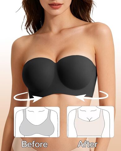 Strapless Bras for Women Jelly Supportive Bandeau Non Slip Wireless Push Up Padded Seamless Tube Top Everyday Bra 36B,36C.36D,36DD,34DDD,L,Black in Saudi Arabia