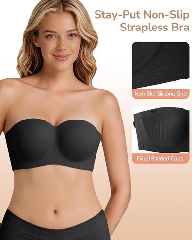 Strapless Bras for Women Jelly Supportive Bandeau Non Slip Wireless Push Up Padded Seamless Tube Top Everyday Bra 36B,36C.36D,36DD,34DDD,L,Black in Saudi Arabia