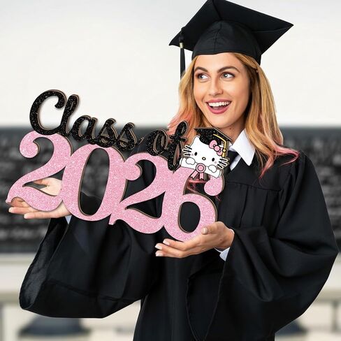 Pink Graduation Decorations 2026 Wood Signs 15.7x9.1inch Hello Kity Class of 2026 Graduation Decorations Wood Hanging Decor for Photography Cute Style 2026 Congrats Grad Door Wall Hanger in Saudi Arabia