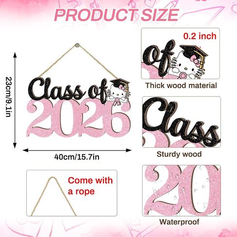Pink Graduation Decorations 2026 Wood Signs 15.7x9.1inch Hello Kity Class of 2026 Graduation Decorations Wood Hanging Decor for Photography Cute Style 2026 Congrats Grad Door Wall Hanger in Saudi Arabia