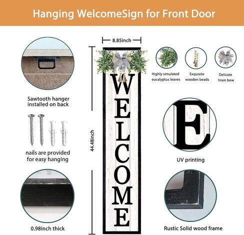 Surfapans Welcome Sign for Front porch Standing 45"X9"Large Wood Frame Outdoor Tall Welcome Signs Vertical Decor for Farmhouse Rustic Home Modern Outside Front Door Wall Decorations (Black) in Saudi Arabia