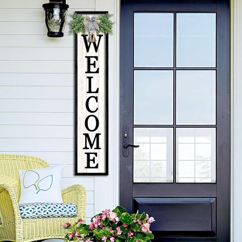 Surfapans Welcome Sign for Front porch Standing 45"X9"Large Wood Frame Outdoor Tall Welcome Signs Vertical Decor for Farmhouse Rustic Home Modern Outside Front Door Wall Decorations (Black) in Saudi Arabia
