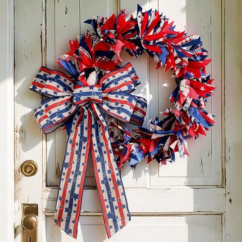 Retrowavy 16 Inch Patriotic Wreath with Bow, 4th of July Wreaths for Front Door Red White and Blue Wreath for 250th Anniversary Memorial Day Independence Day Porch Farmhouse Holiday Decor Vintage in Kuwait