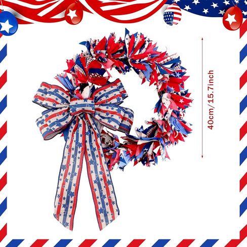 Retrowavy 16 Inch Patriotic Wreath with Bow, 4th of July Wreaths for Front Door Red White and Blue Wreath for 250th Anniversary Memorial Day Independence Day Porch Farmhouse Holiday Decor Vintage in Kuwait