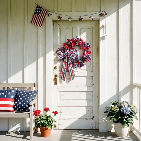 Retrowavy 16 Inch Patriotic Wreath with Bow, 4th of July Wreaths for Front Door Red White and Blue Wreath for 250th Anniversary Memorial Day Independence Day Porch Farmhouse Holiday Decor Vintage in Kuwait