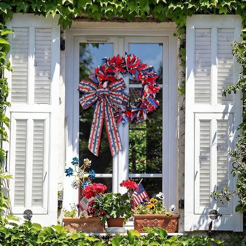 Retrowavy 16 Inch Patriotic Wreath with Bow, 4th of July Wreaths for Front Door Red White and Blue Wreath for 250th Anniversary Memorial Day Independence Day Porch Farmhouse Holiday Decor Vintage in Kuwait