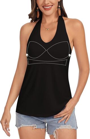 WOWENY Womens Halter Tank Tops with Built in Bra Loose Fit Padded Tops Summer Backless Camisole Going Out Cami Shirts in Kuwait