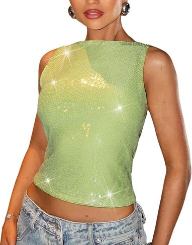 Women's Sparkly Sequin Tops Glitter Shiny Tank Top Going Out Sleeveless Crop Y2k Rave Tops Party Night Clubwear in Saudi Arabia