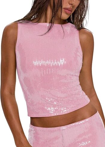 Women's Sparkly Sequin Tops Glitter Shiny Tank Top Going Out Sleeveless Crop Y2k Rave Tops Party Night Clubwear in Saudi Arabia