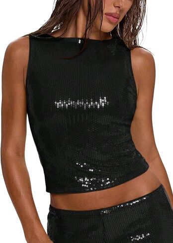Women's Sparkly Sequin Tops Glitter Shiny Tank Top Going Out Sleeveless Crop Y2k Rave Tops Party Night Clubwear in Saudi Arabia