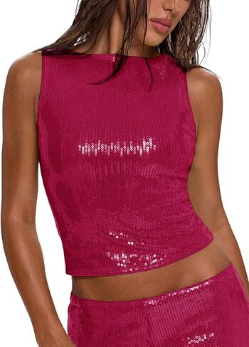 Women's Sparkly Sequin Tops Glitter Shiny Tank Top Going Out Sleeveless Crop Y2k Rave Tops Party Night Clubwear in Saudi Arabia