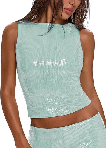 Women's Sparkly Sequin Tops Glitter Shiny Tank Top Going Out Sleeveless Crop Y2k Rave Tops Party Night Clubwear in Saudi Arabia