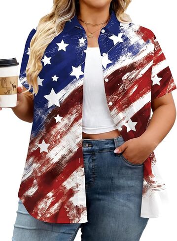 Plus Size American Flag Shirt Women: 4th of July T Shirt USA Flag Print Shirts Patriotic Short Sleeve Button Down Tops in Saudi Arabia