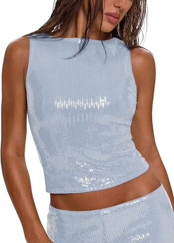Women's Sparkly Sequin Tops Glitter Shiny Tank Top Going Out Sleeveless Crop Y2k Rave Tops Party Night Clubwear in Saudi Arabia