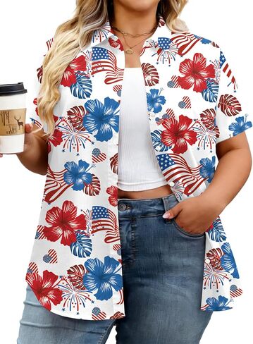 Plus Size American Flag Shirt Women: 4th of July T Shirt USA Flag Print Shirts Patriotic Short Sleeve Button Down Tops in Saudi Arabia