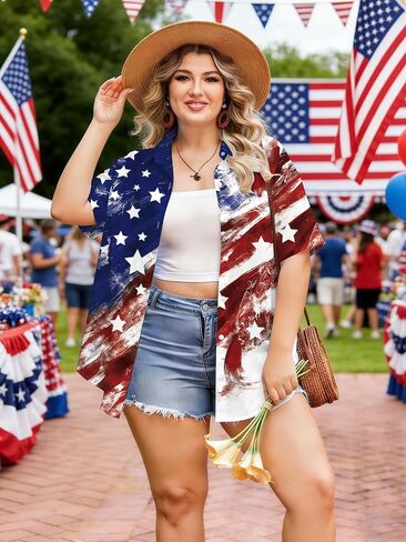 Plus Size American Flag Shirt Women: 4th of July T Shirt USA Flag Print Shirts Patriotic Short Sleeve Button Down Tops in Saudi Arabia
