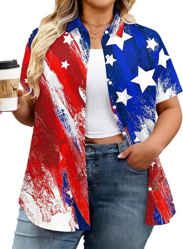 Plus Size American Flag Shirt Women: 4th of July T Shirt USA Flag Print Shirts Patriotic Short Sleeve Button Down Tops in Saudi Arabia
