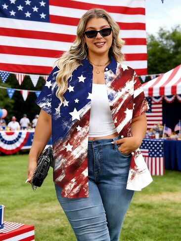 Plus Size American Flag Shirt Women: 4th of July T Shirt USA Flag Print Shirts Patriotic Short Sleeve Button Down Tops in Saudi Arabia