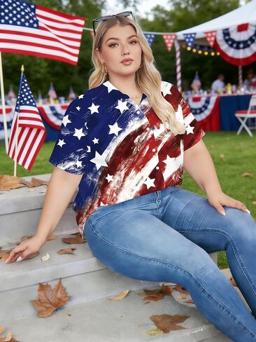 Plus Size American Flag Shirt Women: 4th of July T Shirt USA Flag Print Shirts Patriotic Short Sleeve Button Down Tops in Saudi Arabia