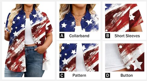 Plus Size American Flag Shirt Women: 4th of July T Shirt USA Flag Print Shirts Patriotic Short Sleeve Button Down Tops in Saudi Arabia