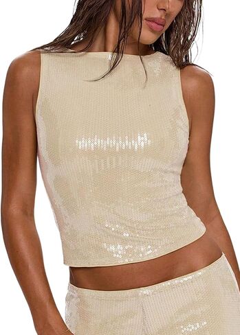 Women's Sparkly Sequin Tops Glitter Shiny Tank Top Going Out Sleeveless Crop Y2k Rave Tops Party Night Clubwear in Saudi Arabia