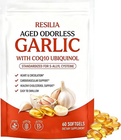 مستخلص الثوم المعتق ريسيليا، مكمل مستخلص الثوم المعتق عديم الرائحة مع يوبيكوينول CoQ10، صحة القلب ودعم المناعة - غير معدل وراثيًا، خالي من الغلوتين، 60 كبسولة هلامية in Kuwait