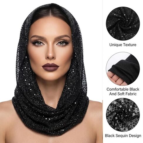 Sequin Head Scarf Rave Hood Rave Scarf Women Rave Outfit Festival Accessories for Halloween Concerts Cosplay Costumes (Black) in Saudi Arabia