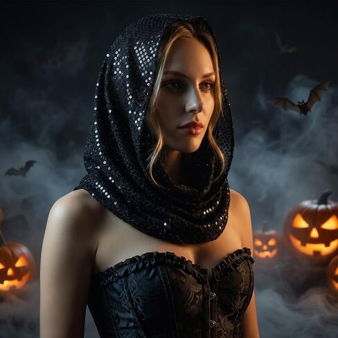Sequin Head Scarf Rave Hood Rave Scarf Women Rave Outfit Festival Accessories for Halloween Concerts Cosplay Costumes (Black) in Saudi Arabia