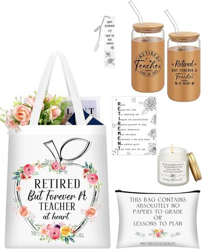 SiliFine 6 Pcs Teacher Retirement Gift Sets for Women Including Tote Bag Makeup Bag 16 oz Glass Tumbler Candle Bookmark Greetings Card Happy Retirement for Retired Teachers Coworker Friends Mom in Kuwait