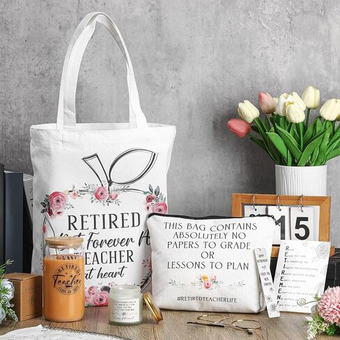 SiliFine 6 Pcs Teacher Retirement Gift Sets for Women Including Tote Bag Makeup Bag 16 oz Glass Tumbler Candle Bookmark Greetings Card Happy Retirement for Retired Teachers Coworker Friends Mom in Kuwait