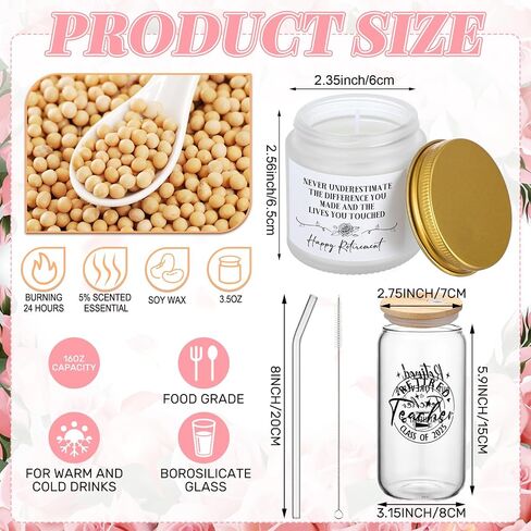 SiliFine 6 Pcs Teacher Retirement Gift Sets for Women Including Tote Bag Makeup Bag 16 oz Glass Tumbler Candle Bookmark Greetings Card Happy Retirement for Retired Teachers Coworker Friends Mom in Kuwait