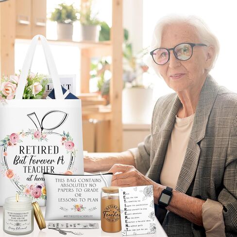 SiliFine 6 Pcs Teacher Retirement Gift Sets for Women Including Tote Bag Makeup Bag 16 oz Glass Tumbler Candle Bookmark Greetings Card Happy Retirement for Retired Teachers Coworker Friends Mom in Kuwait